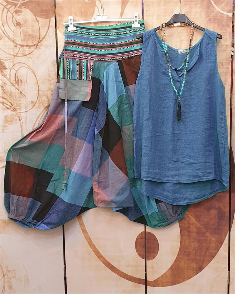 Color Block Casual Loose Sleeveless Two Piece Suit