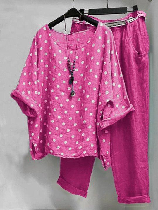 Polka Dot Print Casual Half Sleeves Two Piece Suit