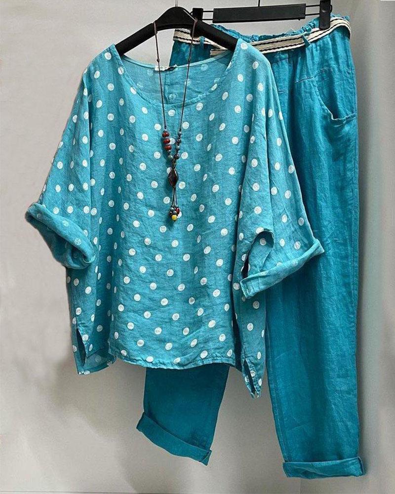Polka Dot Print Casual Half Sleeves Two Piece Suit