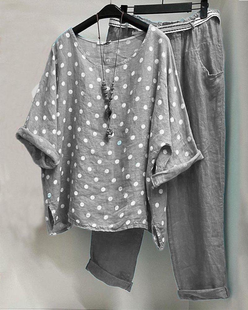 Polka Dot Print Casual Half Sleeves Two Piece Suit