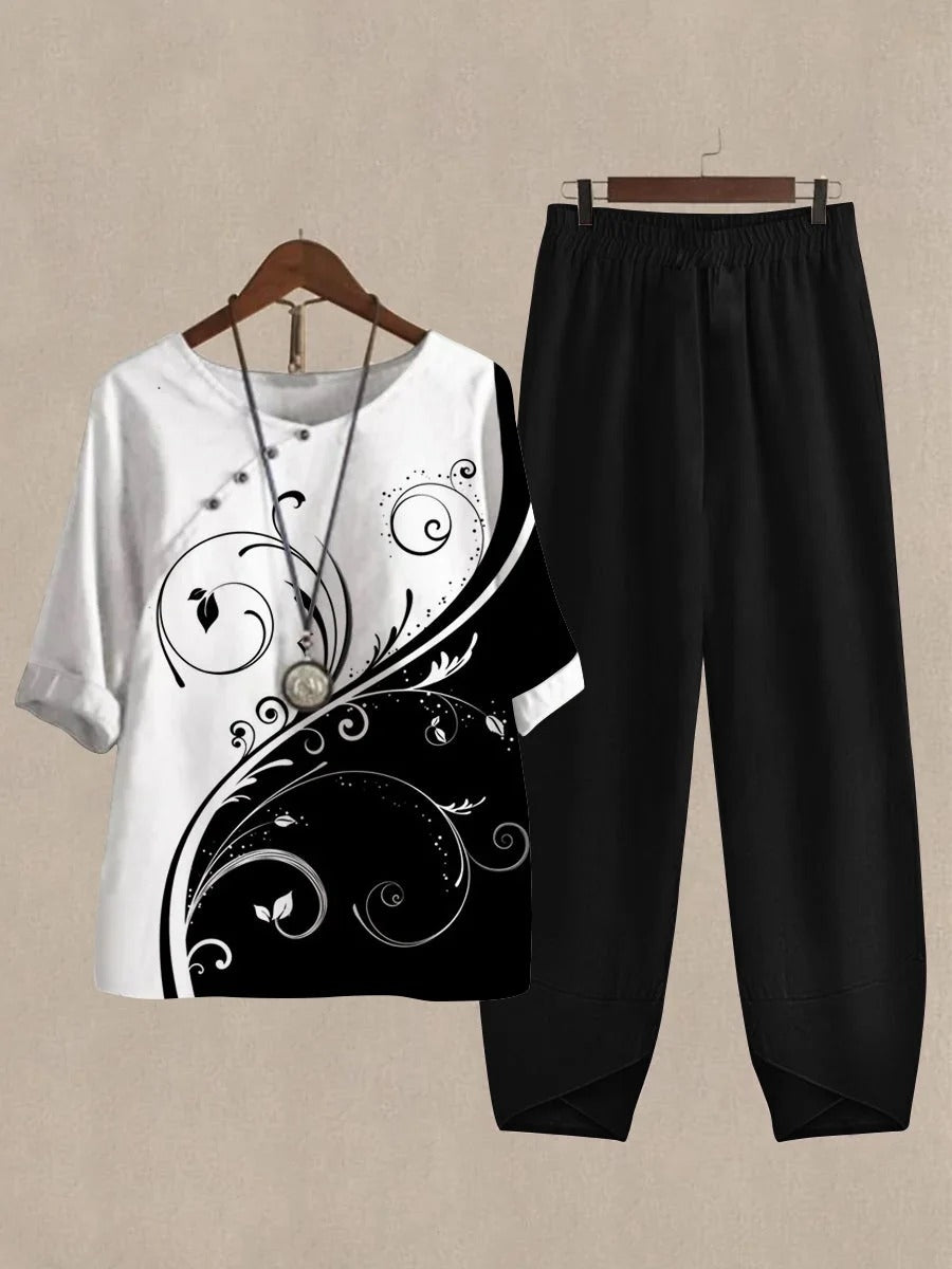 Women's Printed Half Sleeve Top And Wide Leg Pants Linen Two Pieces