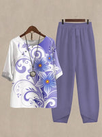 Women's Floral Butterfly Print Half Sleeve Top And Casual Pants Linen Two Pieces